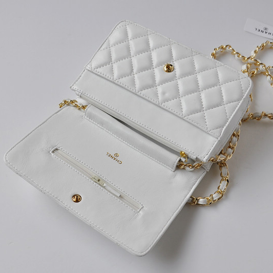 Chanel A33814 Sheepskin Leather Flap Bag White in Gold