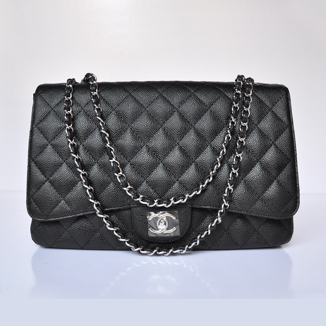 Chanel A47600 Caviar Leather Jumbo Flap Bag in Black with Silver