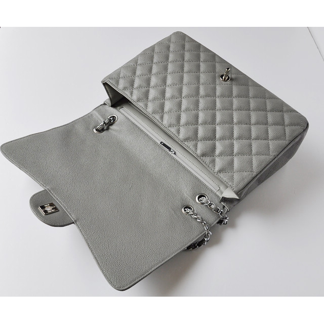 Chanel A47600 Caviar Leather Jumbo Flap Bag in Gray with Silver