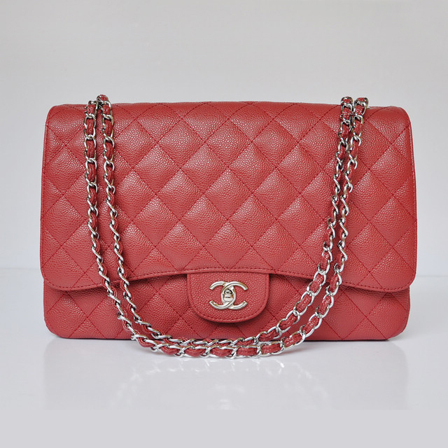 Chanel A47600 Caviar Leather Jumbo Flap Bag in Red with Silver