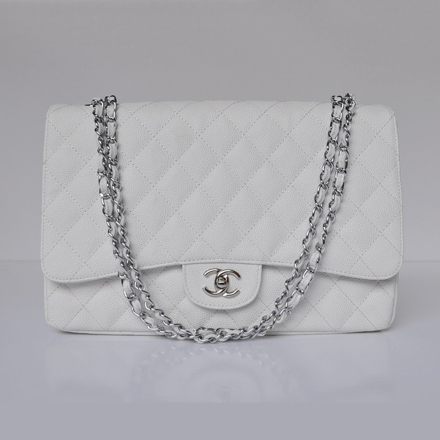 Chanel A47600 Caviar Leather Jumbo Flap Bag in White with Silver