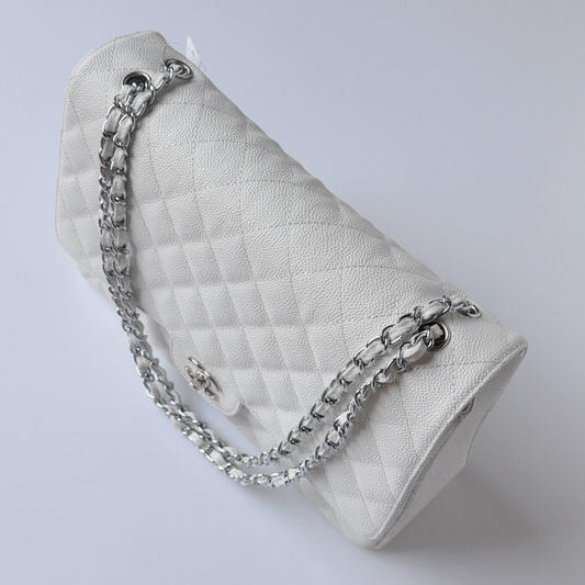 Chanel A47600 Caviar Leather Jumbo Flap Bag in White with Silver