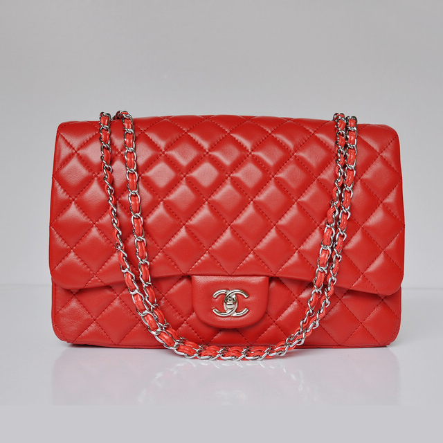 Chanel A47600 Lambskin Leather Jumbo Flap Bag in Red with Silver