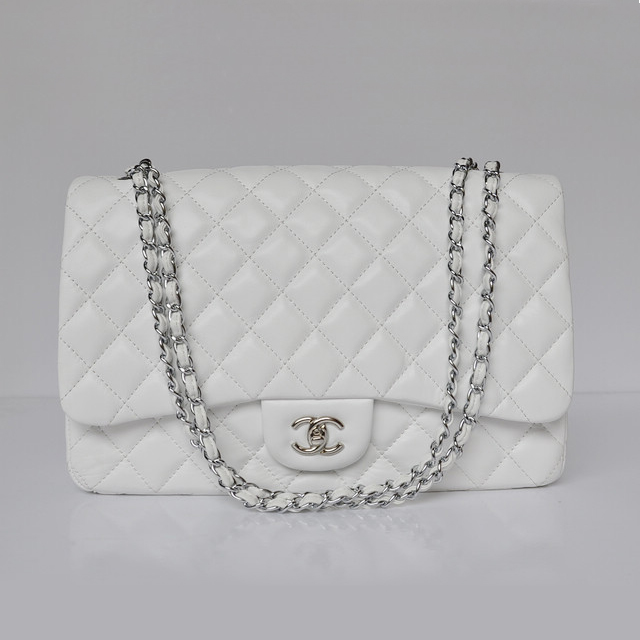 Chanel A47600 Lambskin Leather Jumbo Flap Bag in White with Silver