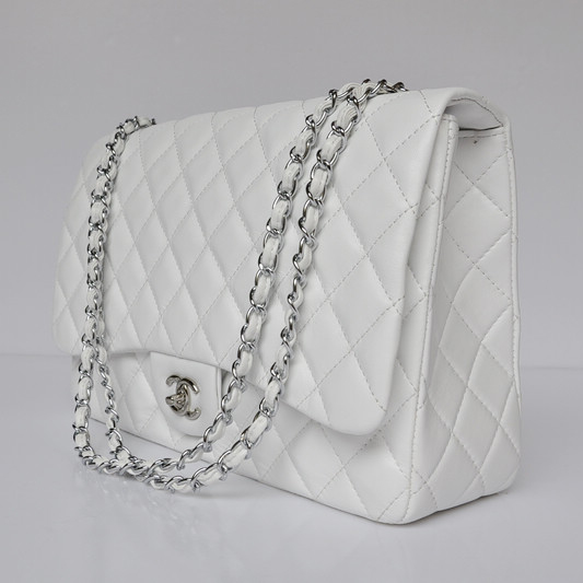 Chanel A47600 Lambskin Leather Jumbo Flap Bag in White with Silver