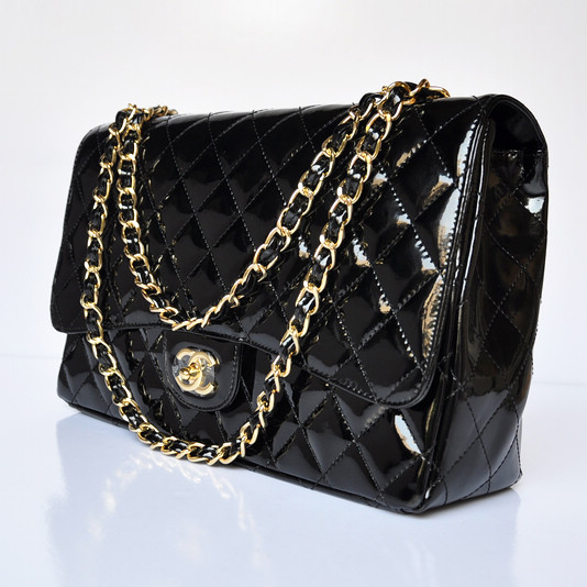 Chanel A47600 Patent Leather Jumbo Flap Bag in Black with Gold