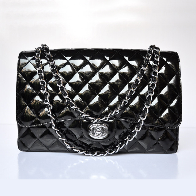 Chanel A47600 Patent Leather Jumbo Flap Bag in Black with Silver