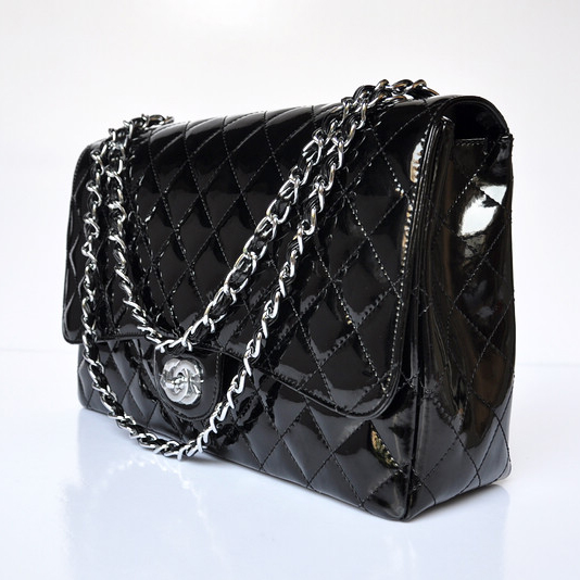 Chanel A47600 Patent Leather Jumbo Flap Bag in Black with Silver