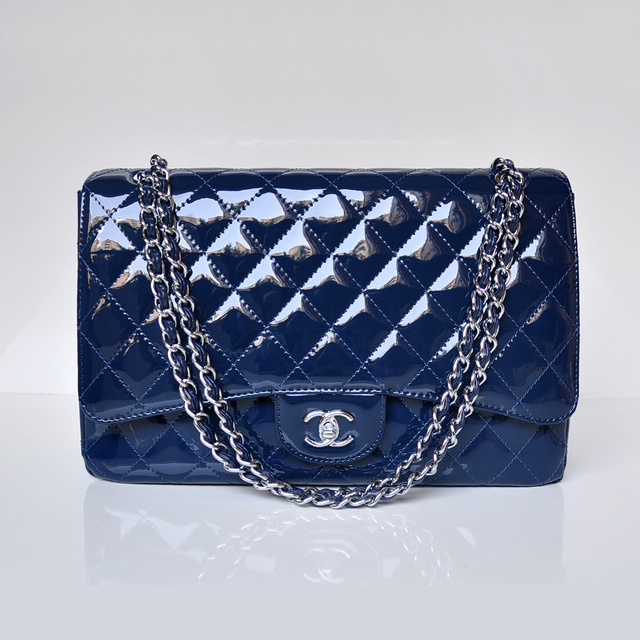 Chanel A47600 Patent Leather Jumbo Flap Bag in Blue with Silver