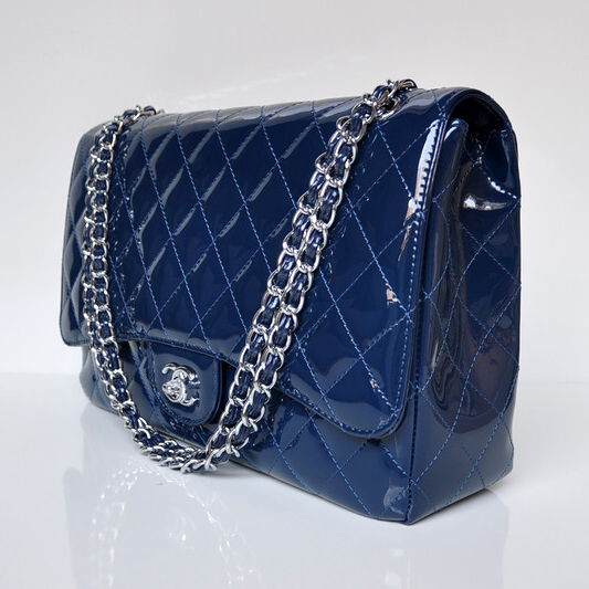 Chanel A47600 Patent Leather Jumbo Flap Bag in Blue with Silver