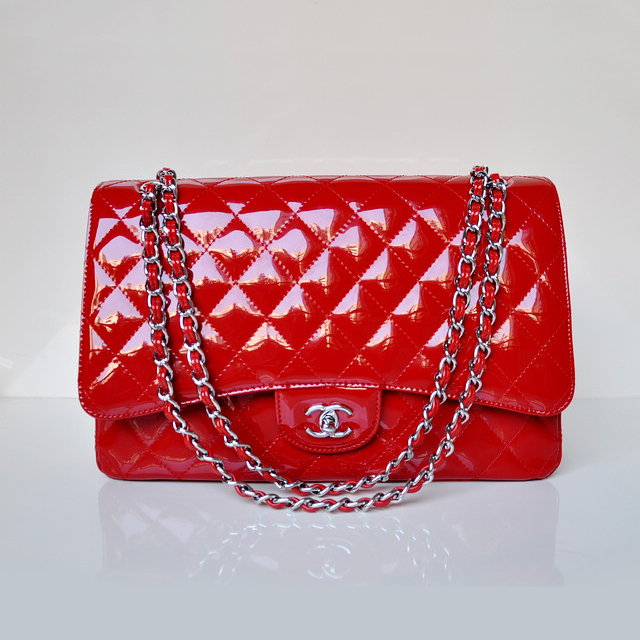 Chanel A47600 Patent Leather Jumbo Flap Bag in Red with Silver