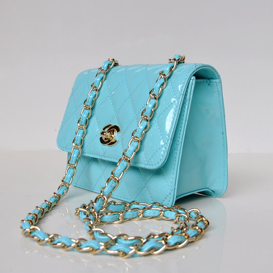 Chanel A67116 Classic mini Flap Bag Patent leather Light blue in Gold