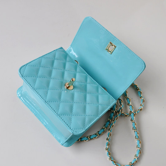 Chanel A67116 Classic mini Flap Bag Patent leather Light blue in Gold