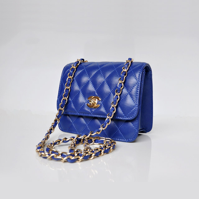 Chanel A67116 Classic mini Flap Bag Sheepskin leather Blue in Gold