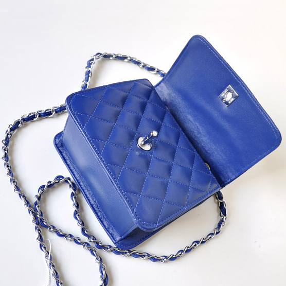 Chanel A67116 Classic mini Flap Bag Sheepskin leather Blue in Silver