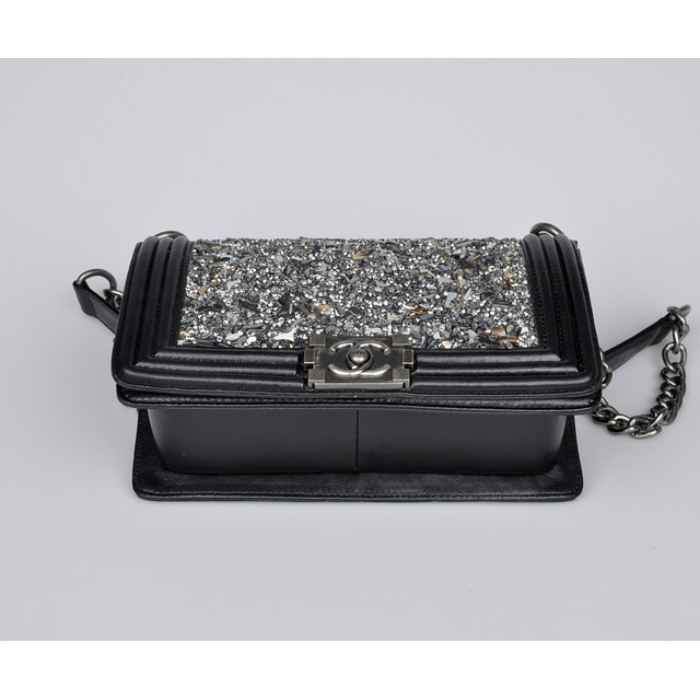 Chanel Boy 2014 Flap Shoulder Bag in Black Sheepskin Leather A92100 Silver