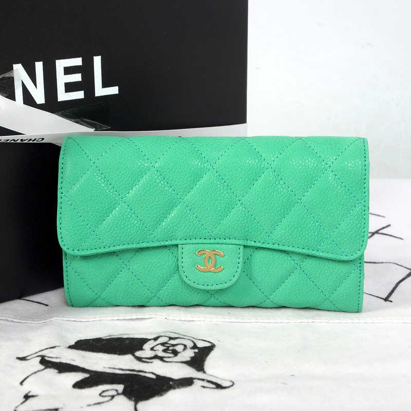 Chanel C006 Apple Green Cannage Pattern Nubuck Leather Long Tri-Fold Wallet