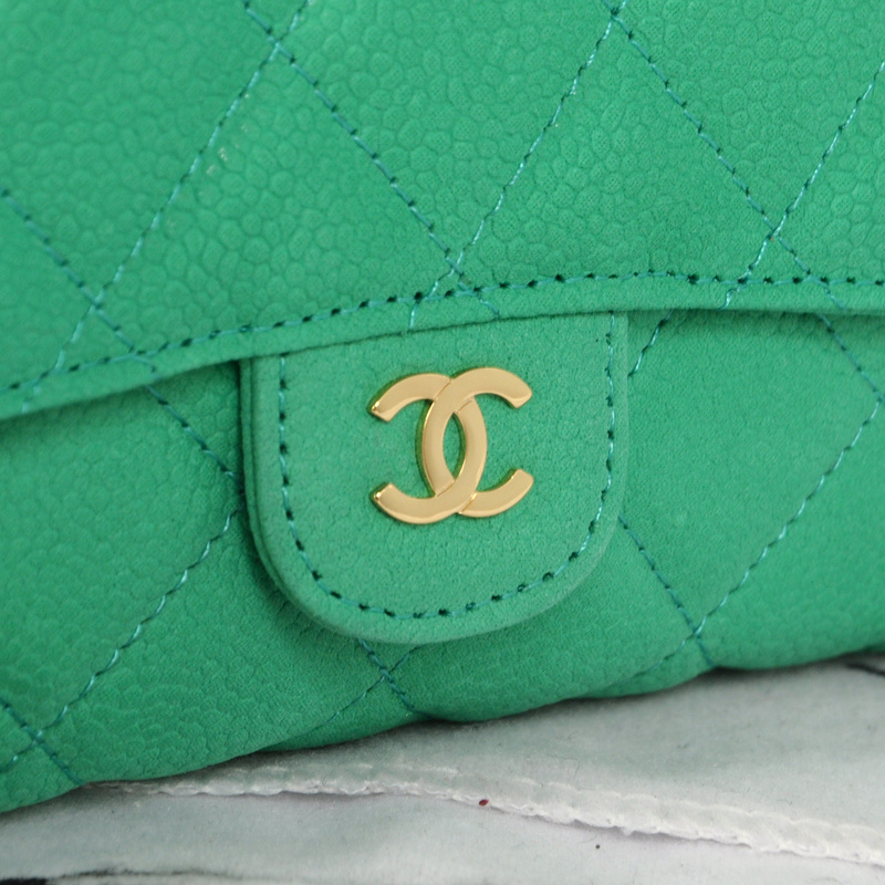 Chanel C006 Apple Green Cannage Pattern Nubuck Leather Long Tri-Fold Wallet