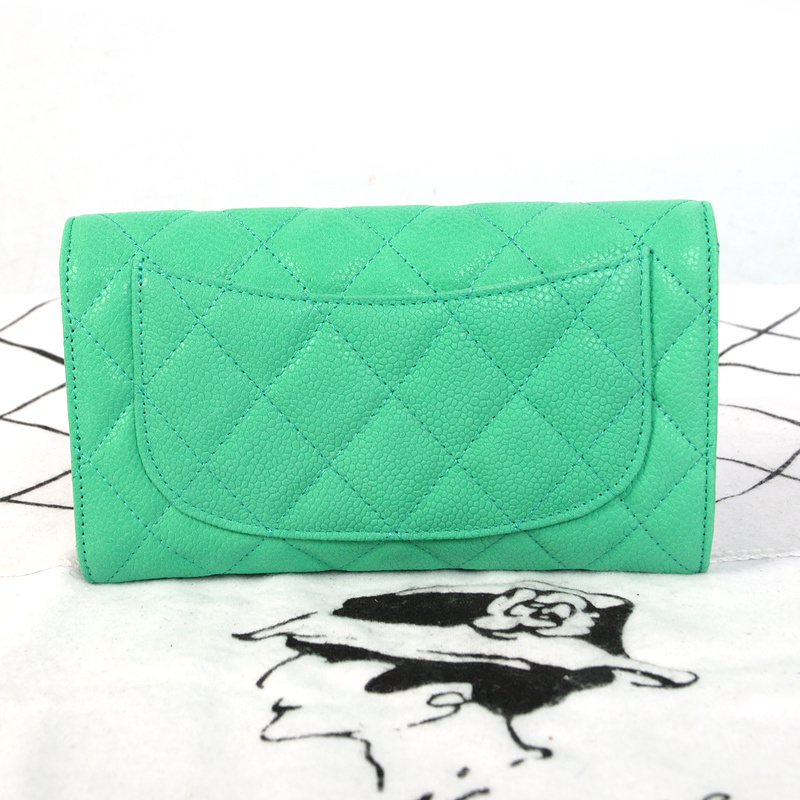 Chanel C006 Apple Green Cannage Pattern Nubuck Leather Long Tri-Fold Wallet