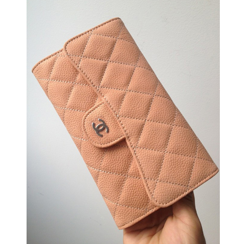 Chanel C006 Apricot Cannage Pattern Nubuck Leather Long Tri-Fold Wallet