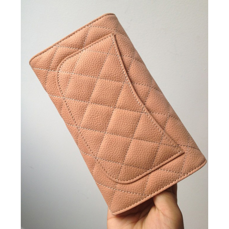 Chanel C006 Apricot Cannage Pattern Nubuck Leather Long Tri-Fold Wallet