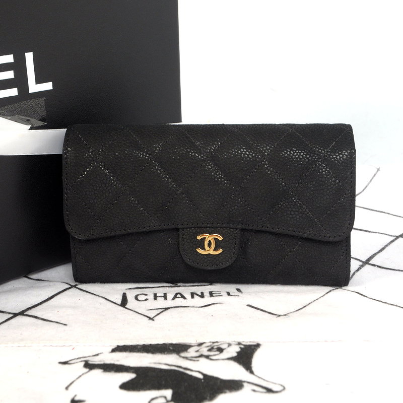 Chanel C006 Black Cannage Pattern Nubuck Leather Long Tri-Fold Wallet