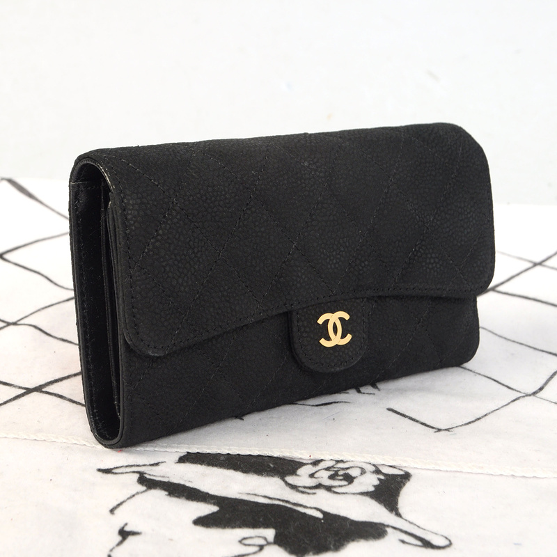 Chanel C006 Black Cannage Pattern Nubuck Leather Long Tri-Fold Wallet