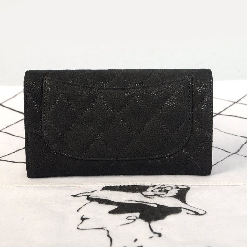 Chanel C006 Black Cannage Pattern Nubuck Leather Long Tri-Fold Wallet