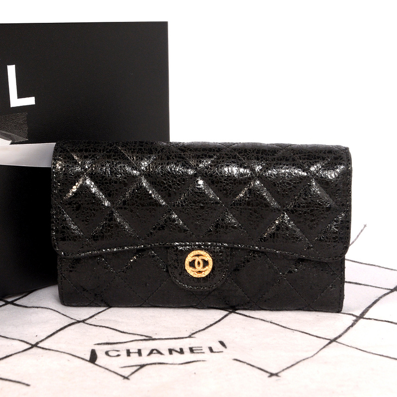 Chanel C006 Black Glazed Crackled Leater Long Tri-Fold Wallet