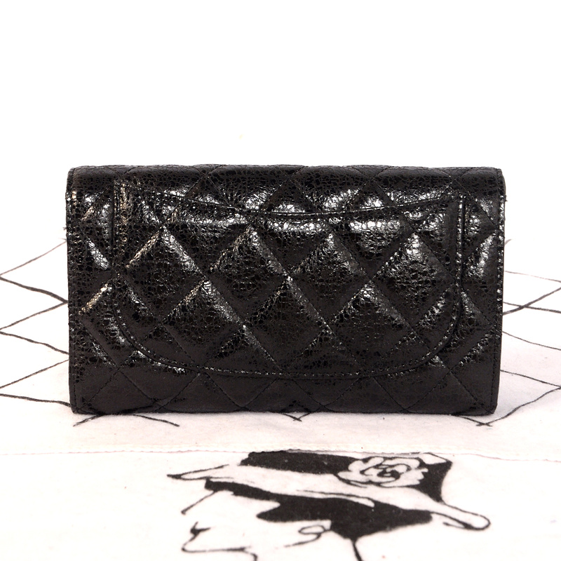 Chanel C006 Black Glazed Crackled Leater Long Tri-Fold Wallet