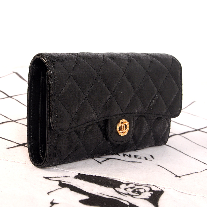 Chanel C006 Black Glazed Crackled Leater Long Tri-Fold Wallet