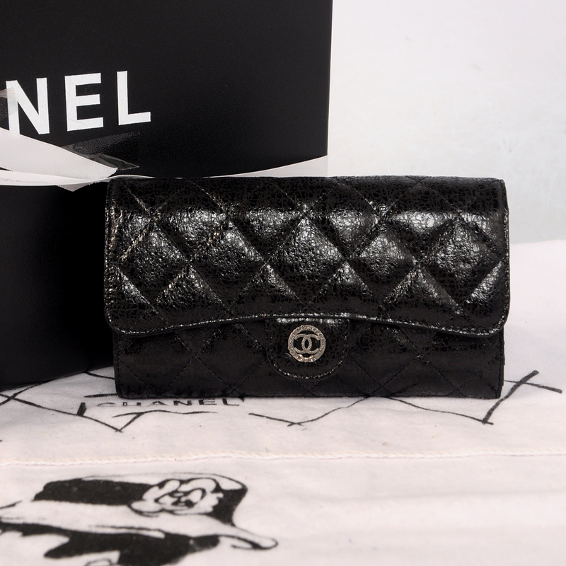 Chanel C006 Black Glazed Crackled Leater Long Tri-Fold Wallet with Silver