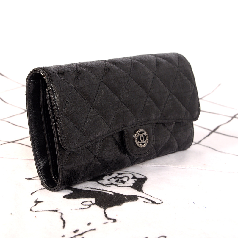 Chanel C006 Black Glazed Crackled Leater Long Tri-Fold Wallet with Silver