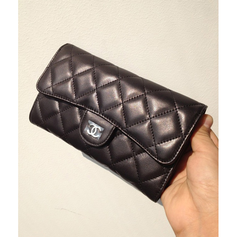 Chanel C006 Black Sheepskin Leather Long Tri-Fold Wallet