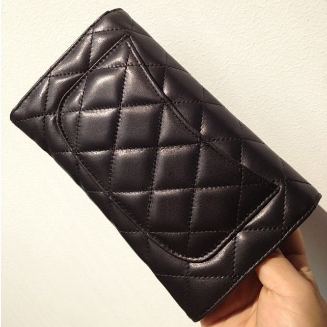 Chanel C006 Black Sheepskin Leather Long Tri-Fold Wallet