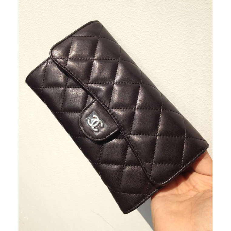 Chanel C006 Black Sheepskin Leather Long Tri-Fold Wallet