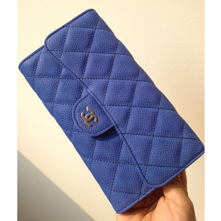 Chanel C006 Medium Blue Cannage Pattern Nubuck Leather Long Tri-Fold Wallet