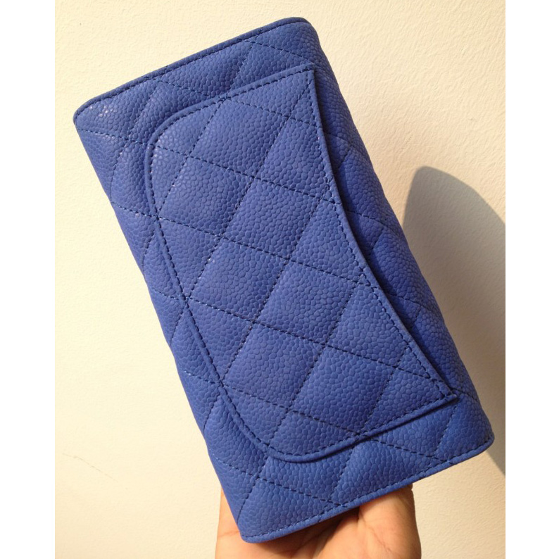 Chanel C006 Medium Blue Cannage Pattern Nubuck Leather Long Tri-Fold Wallet