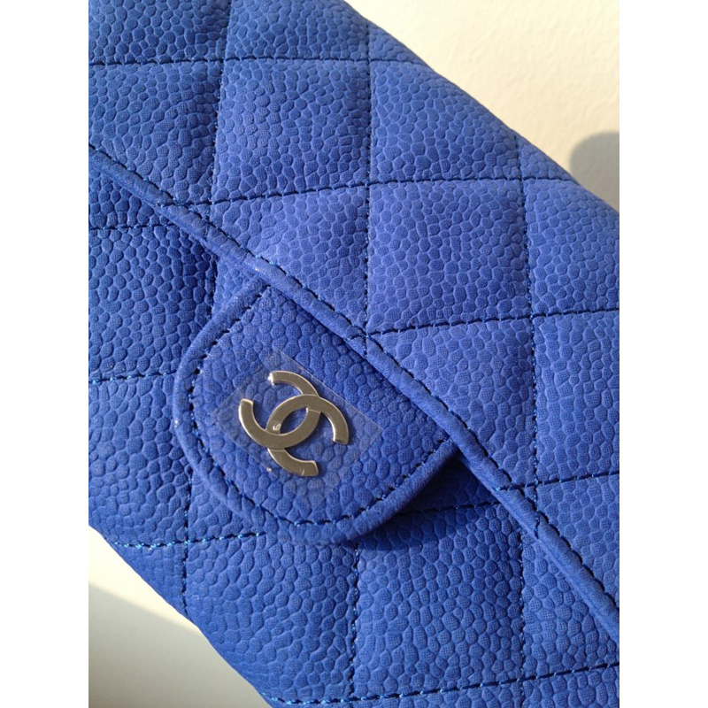 Chanel C006 Medium Blue Cannage Pattern Nubuck Leather Long Tri-Fold Wallet