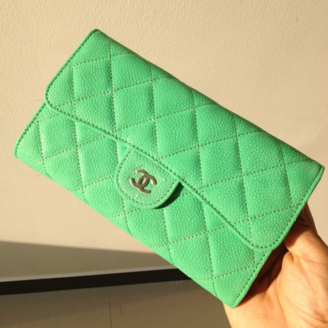 Chanel C006 Mint Green Cannage Pattern Nubuck Leather Long Tri-Fold Wallet