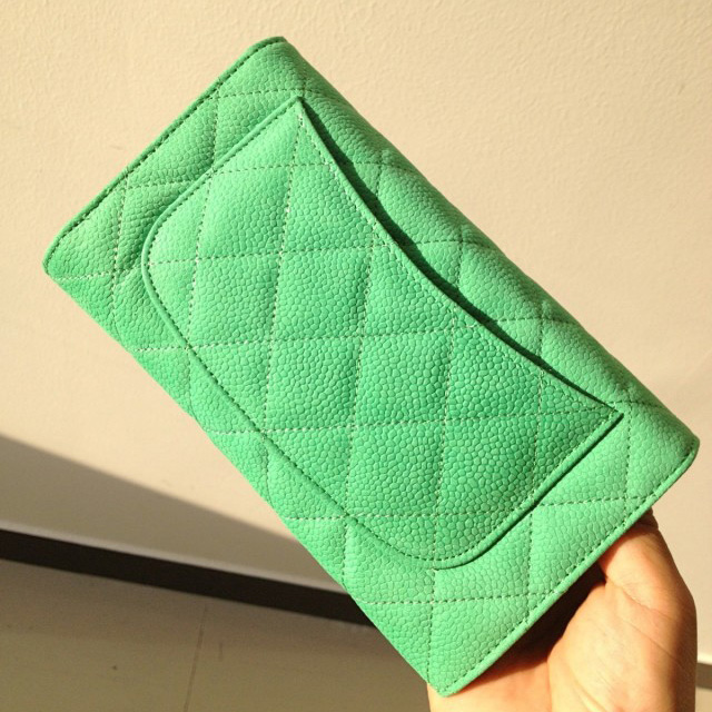 Chanel C006 Mint Green Cannage Pattern Nubuck Leather Long Tri-Fold Wallet