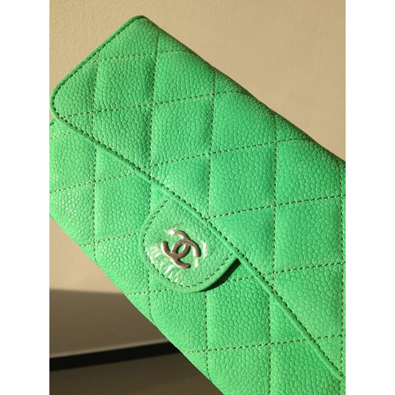 Chanel C006 Mint Green Cannage Pattern Nubuck Leather Long Tri-Fold Wallet