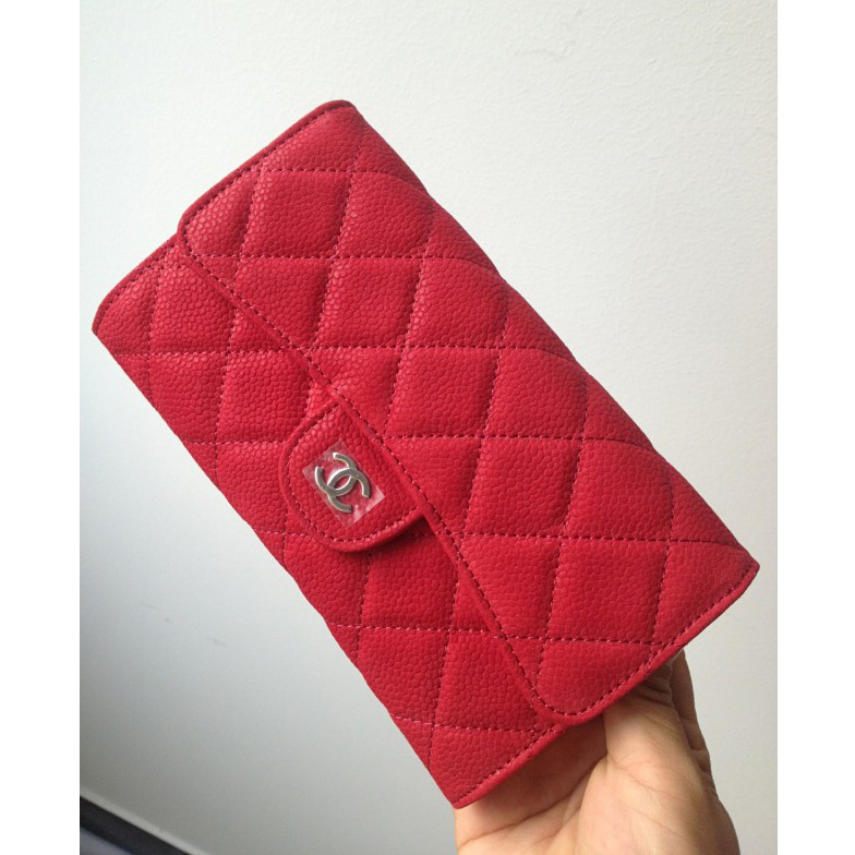 Chanel C006 Red Cannage Pattern Nubuck Leather Long Tri-Fold Wallet