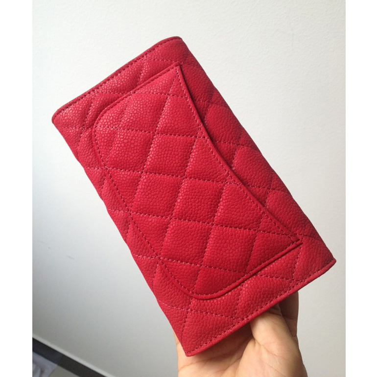 Chanel C006 Red Cannage Pattern Nubuck Leather Long Tri-Fold Wallet