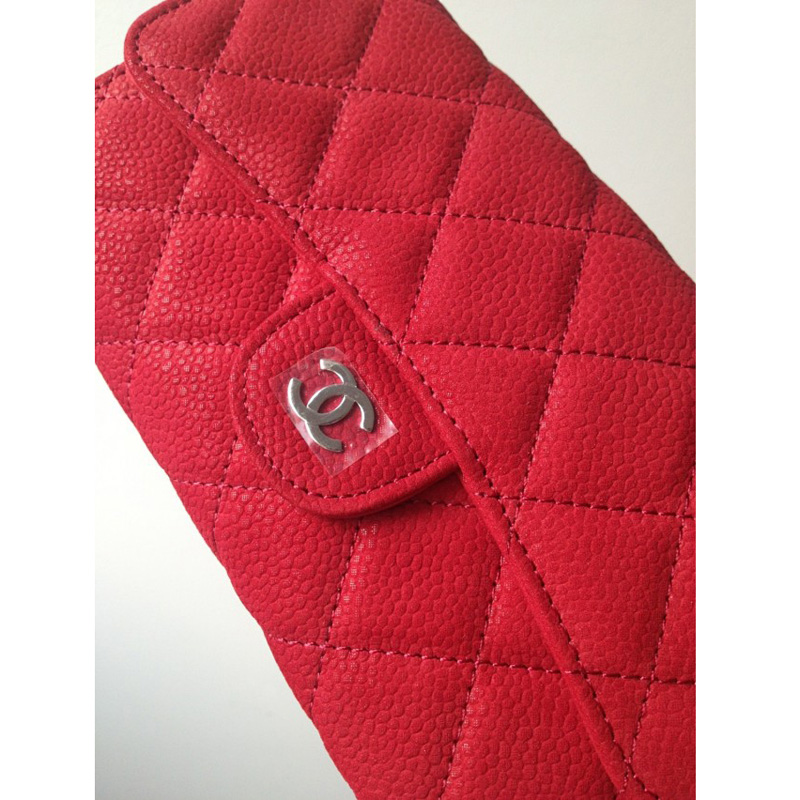 Chanel C006 Red Cannage Pattern Nubuck Leather Long Tri-Fold Wallet