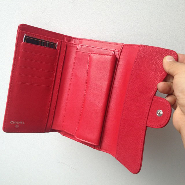 Chanel C006 Red Cannage Pattern Nubuck Leather Long Tri-Fold Wallet