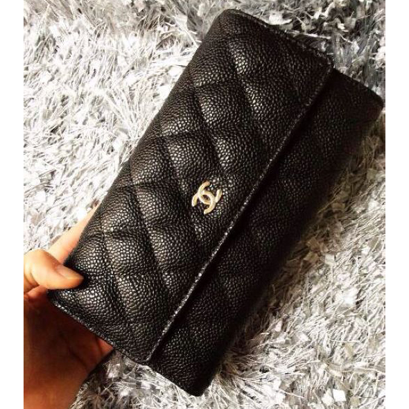 Chanel Camellia Tri-Fold Wallet Caviar Leater A48656 Black