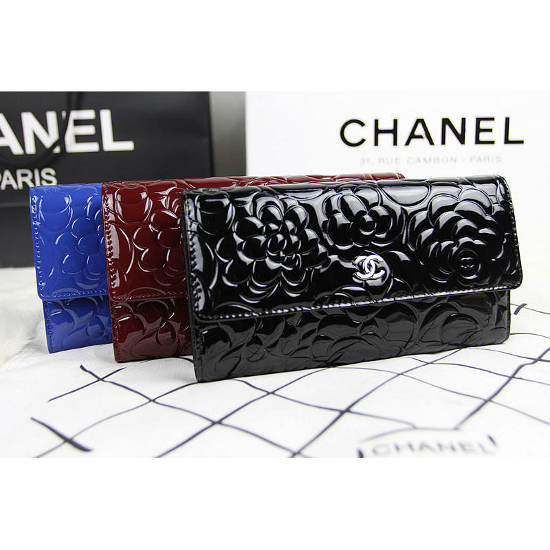 Chanel Camellia Tri-Fold Wallet Original Patent Leater A50084 Black