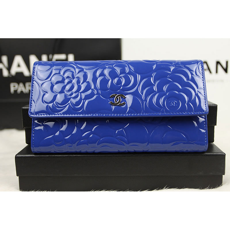 Chanel Camellia Tri-Fold Wallet Original Patent Leater A50084 Blue