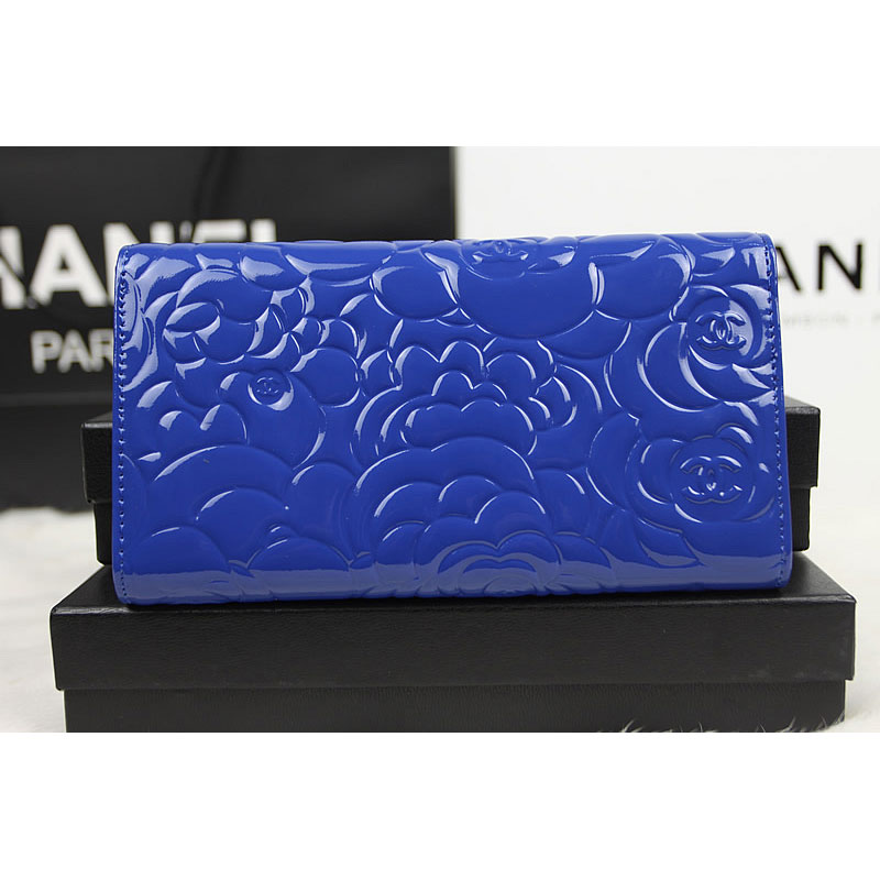 Chanel Camellia Tri-Fold Wallet Original Patent Leater A50084 Blue